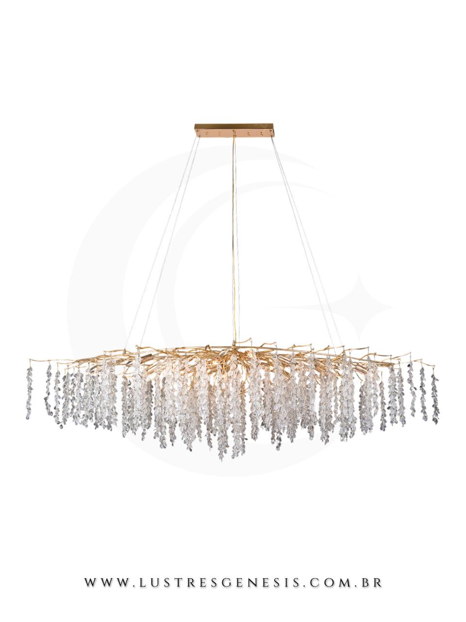 Lustre de Cristal Gota P&eacute;tala Dourado 180x55cm Para Sua Sala de Jantar 